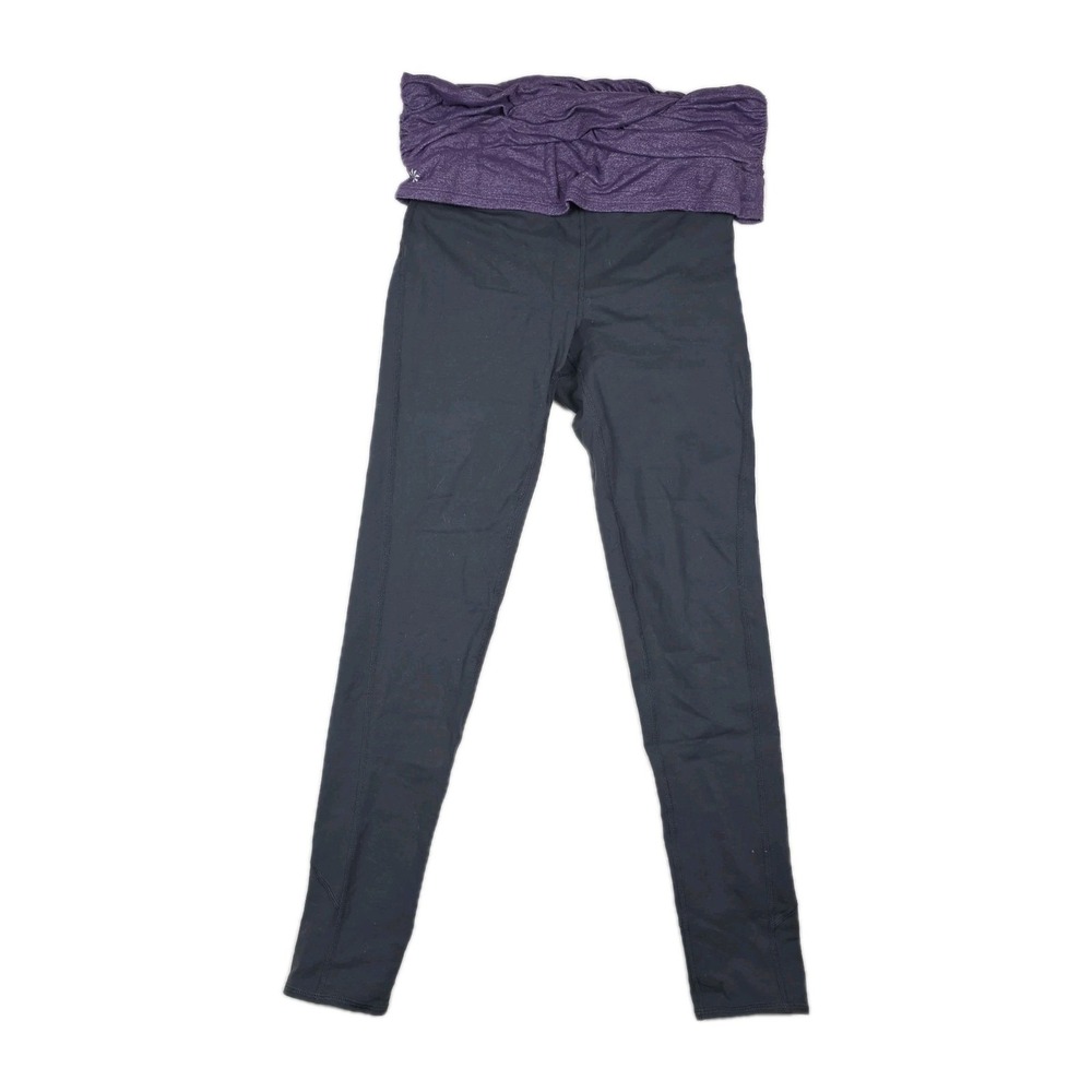 Athleta Fold Over Ruched Purple Waist Womens Size Small Black Leggings Ankle